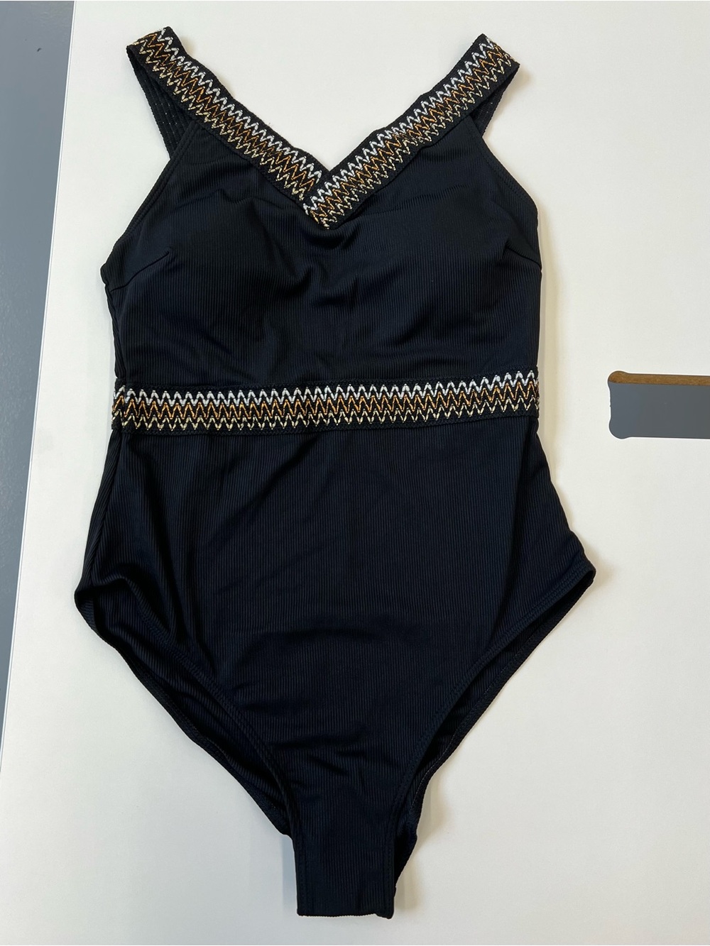 Women’s Size Medium Black One-Piece Swimsuit with Zigzag Trim